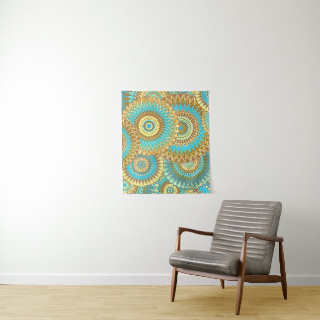 Überlappende Mandala Blau Braun Gold Wandteppich (Beispiel)