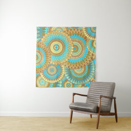 Überlappende Mandala Blau Braun Gold Wandteppich