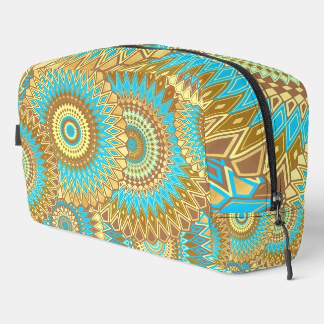 Überlappende Mandala Blau Braun Gold Waschbeutel (Rechte Ecke)