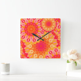Überlappende Mandala Orange Pink Gelb Quadratische Wanduhr