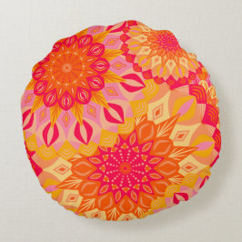 Überlappende Mandala Orange Pink Gelb Rundes Kissen