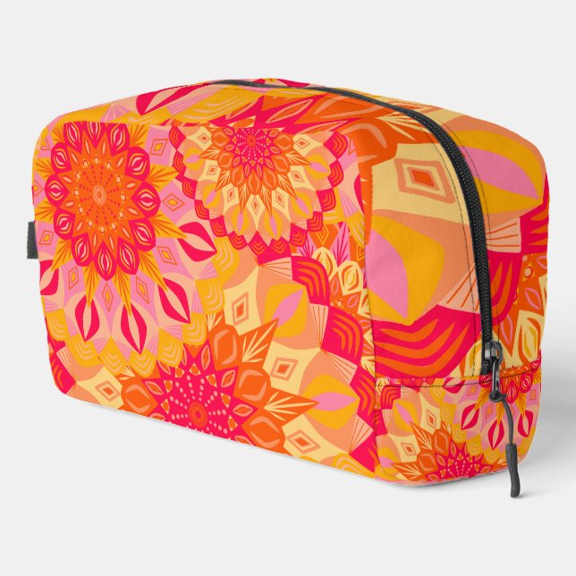 Überlappende Mandala Orange Pink Gelb Waschbeutel (Rechte Ecke)