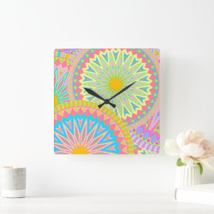 Überlappende Mandala Pink Blau Gelb Mint Lila Quadratische Wanduhr