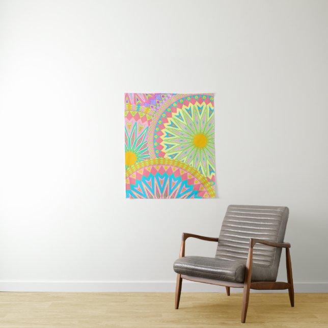 Überlappende Mandala Pink Blau Gelb Mint Lila Wandteppich (Beispiel)