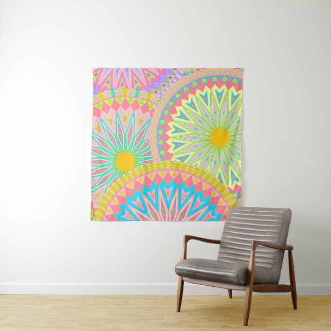 Überlappende Mandala Pink Blau Gelb Mint Lila Wandteppich (Beispiel)