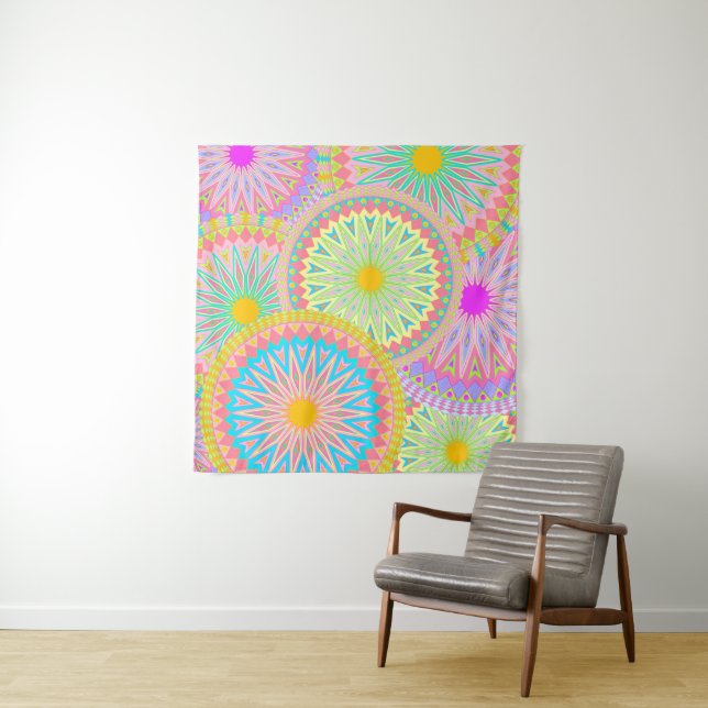 Überlappende Mandala Pink Blau Gelb Mint Lila Wandteppich (Beispiel)