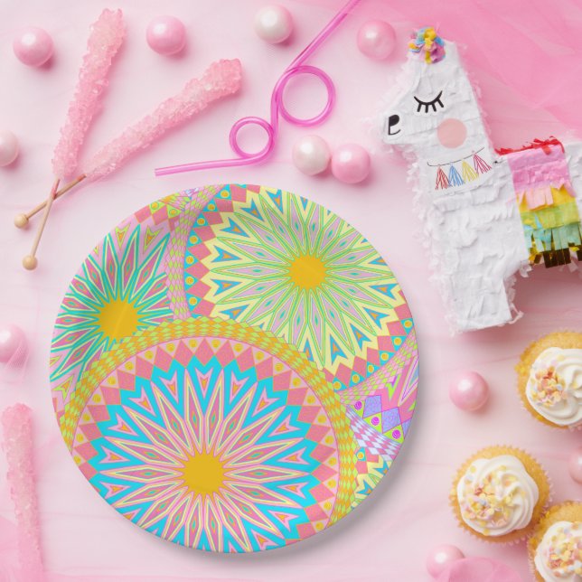 Überlappende Mandala Pink Blau Gelb Mint Violett Pappteller (Party)