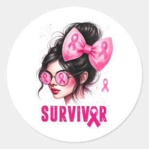 Überleben Brustkrebs Bewusstsein Pink Messy Bun Gi Runder Aufkleber