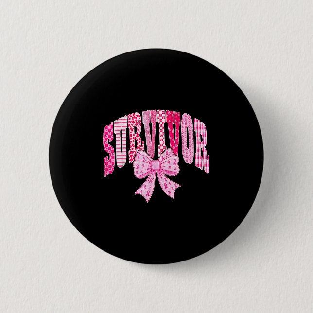 Überlebender Rosa Band Coquette Schleife Brustkreb Button (Vorderseite)