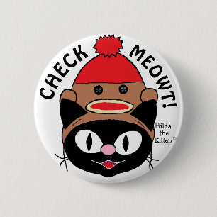 ÜBERPRÜFE MIAU! Schwarze Cartoon-Katze mit Sockena Button