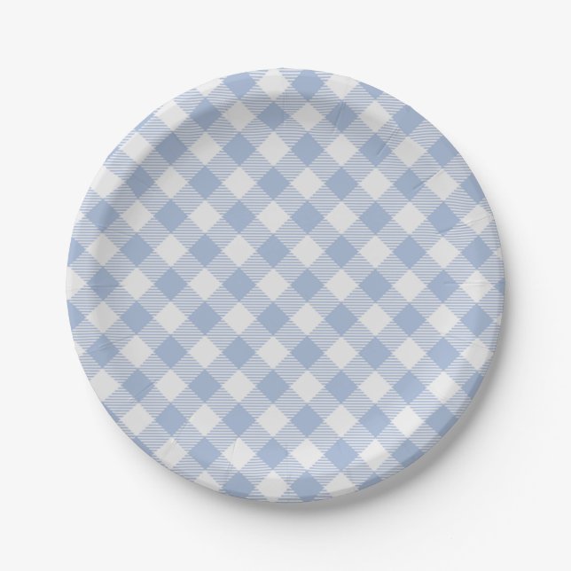 Überprüftes blaues Gingham-Classic-Muster Pappteller (Vorderseite)