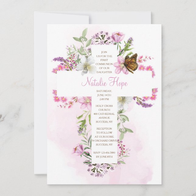 Überqueren mit Blume religiös Einladung (Vorderseite)