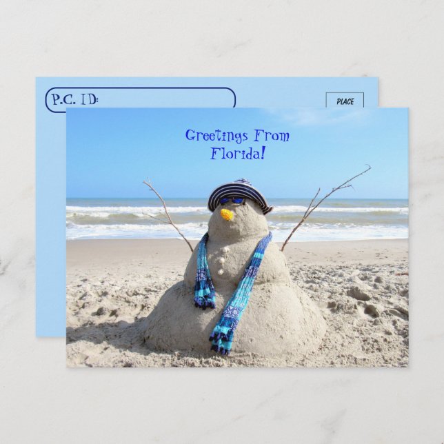 Überqueren von Gruben aus Florida Beach Snowman Postkarte (Vorne/Hinten)