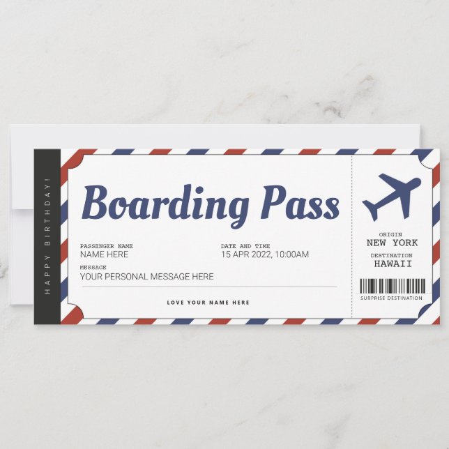 Überraschen Boarding Pass Flugzeug Geschenkkarte Einladung (Vorderseite)