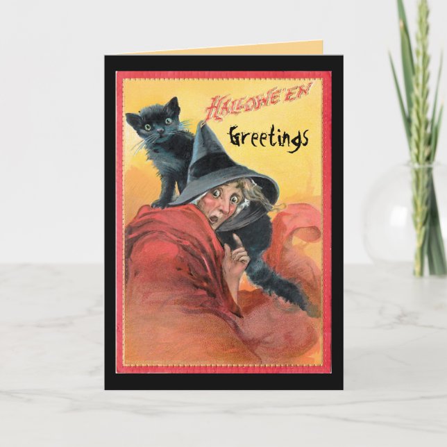 Überraschende Hexe und schwarze Katze Karte (Vorderseite)