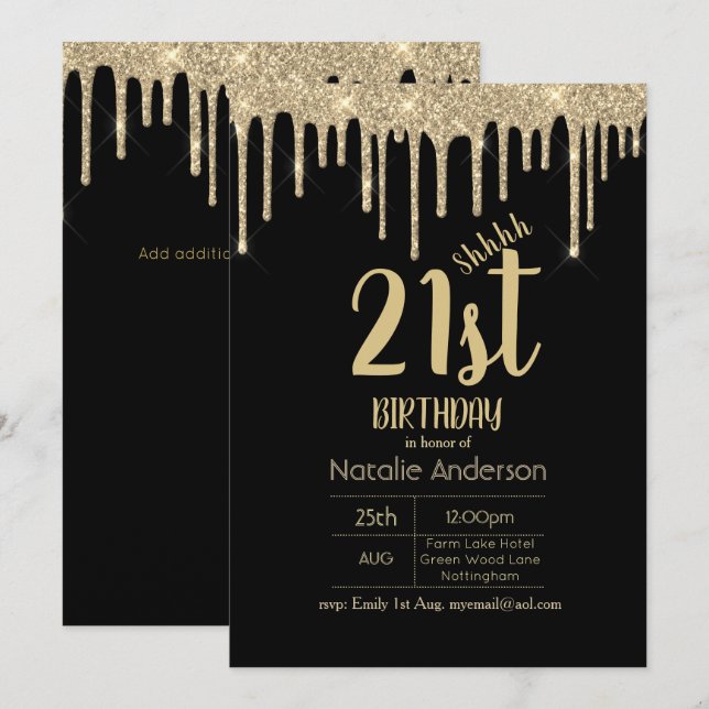 ÜBERRASCHENDER Black Gold Dripping Glitzer 21. Einladung (Vorne/Hinten)