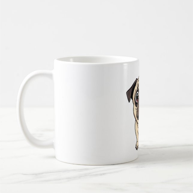 Überraschender Mops schockiert Gesicht Kaffeetasse (Links)