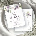ÜBERRASCHENDES PARTY 60. Geburtstag Lila Lilac Flo Einladungspostkarte<br><div class="desc">Weiche Wasserfarbe lila Lilacs schaffen eine hübsche Frühjahrs-Überraschung Party Geburtstagseinladung. Die Typografie fügt eine elegante Ästhetik hinzu. Es ist Teil der Lila Spring Lilac Blume Kollektion. Es lasse Ihnen,  ein Thema zu wählen und dann einfach eine einzigartige Einladungspauschale,  Begrüßungsschilder und Party Dekoration zu erstellen. Party-Planung macht Spaß und Spaß.</div>