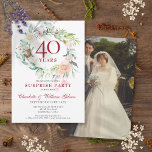 Überraschendes Party Floral 40 Jahre Jubiläum Foto Einladung<br><div class="desc">Dieses schicke botanische Überraschungs-Party zum 40. Hochzeitstag lädt Sie zu einem besonderen Ruby-Jubiläum mit einer zarten Aquarellgarage personalisiert. Auf der Rückseite befindet sich Ihr spezielles Foto. Entwickelt von Thisisnotme©</div>