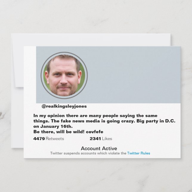 Überraschendes Party Funny Twitter Joke Einladung (Vorderseite)