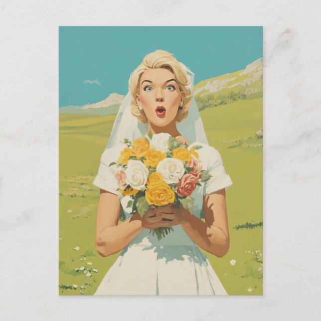 Überraschte Braut auf einer Frühlingswiese Postkarte (Vorderseite)
