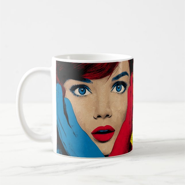 Überraschte Frau in Pop-Art Kaffeetasse (Links)