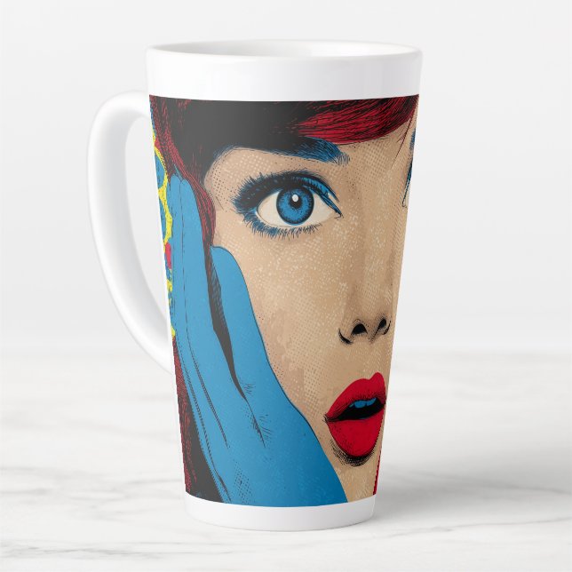 Überraschte Frau in Pop-Art Milchtasse (Linke Ecke)