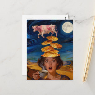 Überraschte Frühstücksdame Pfannkuchen Kaffee Rosa Postkarte