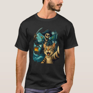 Überraschte verängstigte Katze Selfie mit Skelettp T-Shirt
