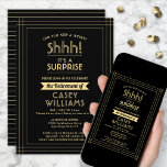 Überraschtes Party - Elegantes Schwarz und Gold Einladung<br><div class="desc">Kannst du ein Geheimnis behalten haben? Laden Sie Kollegen, Mitarbeiter, Familie und Freunde zu einer eleganten und aufregenden Überraschungsfeier in den Ruhestand mit individuellen Party Einladungen aus Schwarz und Gold ein. Alle Formulierungen auf dieser Vorlage ist einfach zu personalisieren, einschließlich der Nachricht, dass "Shhh! Es ist ÜBERRASCHEND." Das Design besticht...</div>
