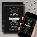 Überraschtes Party - Schwarzweiß Einladung<br><div class="desc">Kannst du ein Geheimnis behalten haben? Laden Sie Kollegen, Mitarbeiter, Familie und Freunde zu einer eleganten und aufregenden Überraschungsfeier mit individuellen Schwarz-Weiß-Party Einladungen ein. Alle Formulierungen auf dieser Vorlage ist einfach zu personalisieren, einschließlich der Nachricht, dass "Shhh! Es ist ÜBERRASCHEND." Das Design besticht durch eine moderne Streifenrandlinie, klassische Vintage Deko-Typografie...</div>