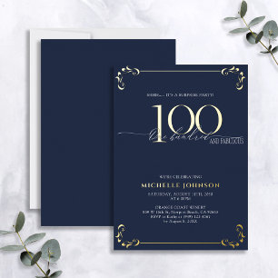 Überraschung 100 & Fabulous Blau & Gold Geburtstag Folieneinladung