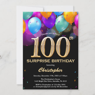 Überraschung 100. Geburtstag Black and Gold Ballon Einladung