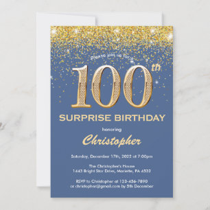 Überraschung 100. Geburtstag Blau und Gold Glitzer Einladung