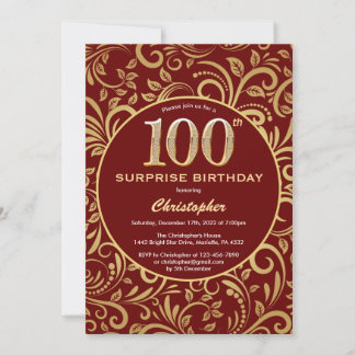 Überraschung 100. Geburtstag Burgund Red & Gold Fl Einladung