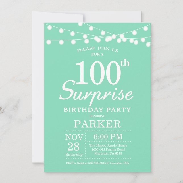 Überraschung 100. Geburtstag Einladung Mint Green (Vorderseite)