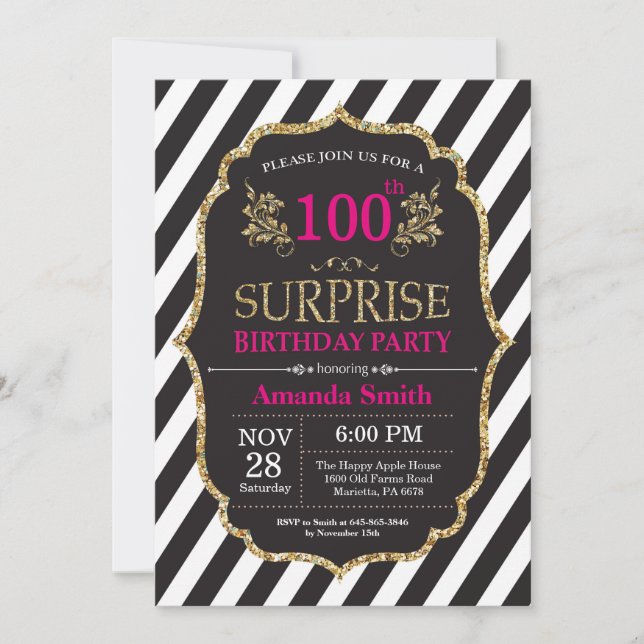 Überraschung 100. Geburtstag Einladung Pink Black  (Vorderseite)