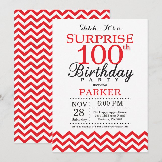 Überraschung 100. Geburtstag Einladung Rot Zickzac (Vorne/Hinten)