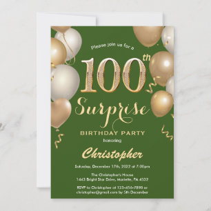 Überraschung 100. Geburtstag Grün und Gold Ballons Einladung