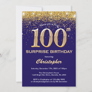 Überraschung 100. Geburtstag Navy Blue und Gold Gl Einladung