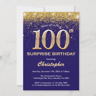 Überraschung 100. Geburtstag Navy Blue und Gold Gl Einladung
