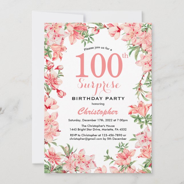 Überraschung 100. Geburtstag Pink Boho Botanische  Einladung (Vorderseite)
