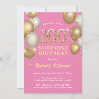 Überraschung 100. Geburtstag Pink und Gold Ballons Einladung