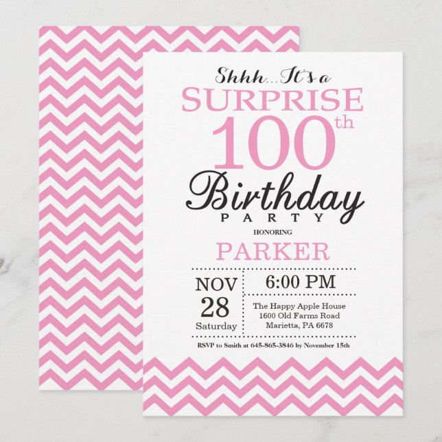 Überraschung 100. Geburtstag Pink Zickzack Einladung (Vorne/Hinten)