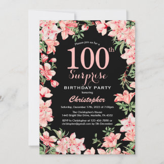 Überraschung 100. Geburtstag Rosa Blume Schwarz Einladung