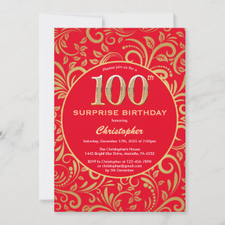 Überraschung 100. Geburtstag Rot und Gold Floral Einladung