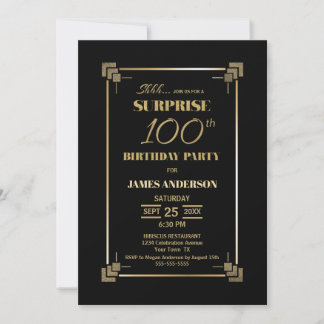 Überraschung 100. Geburtstag Schwarz-Gold-Party Einladung