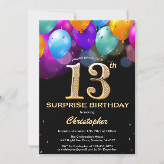Überraschung 13. Geburtstag Black and Gold Ballons Einladung