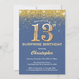 Überraschung 13. Geburtstag Blau und Gold Glitzer Einladung
