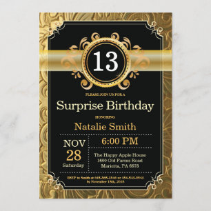 Überraschung 13. Geburtstag Einladung Schwarz und 